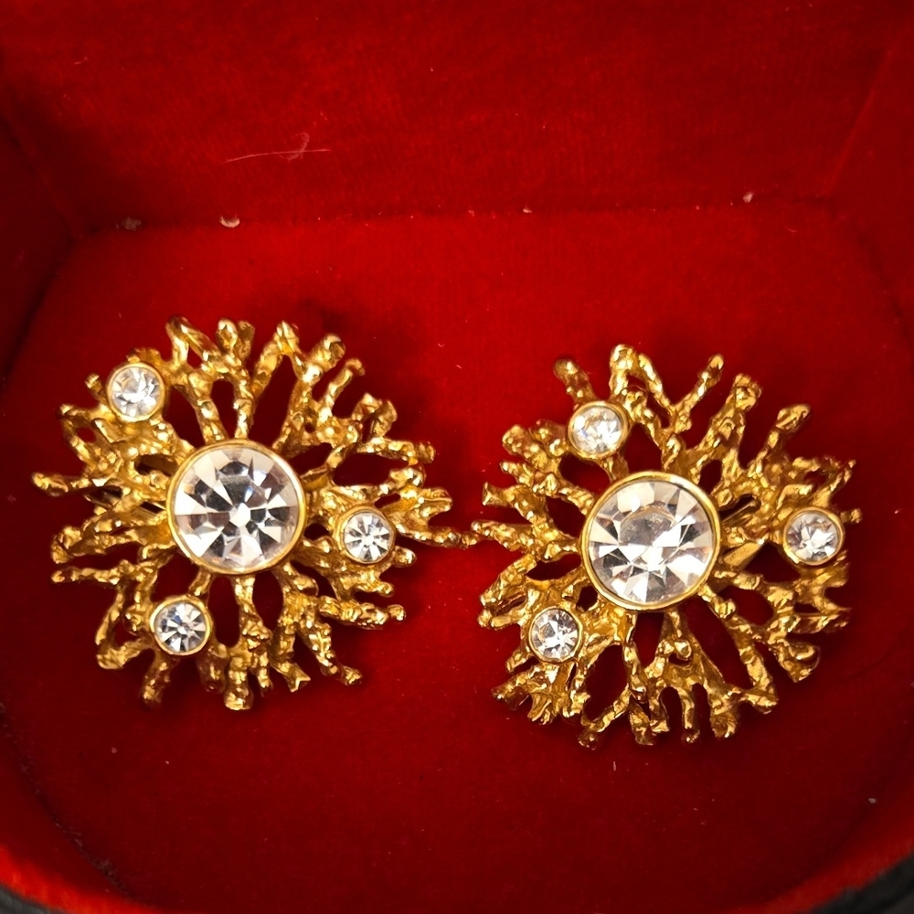 Vintage KJL for Avon Gold Starburst Crystal Clip Earrings